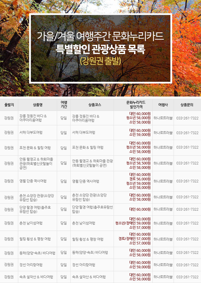 가을/겨울 여행주간 문화누리카드 특별할인 관광상품 목록 (강원권 출발)