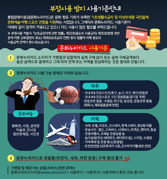 문화누리카드 부정사용 방지 사용기준 안내