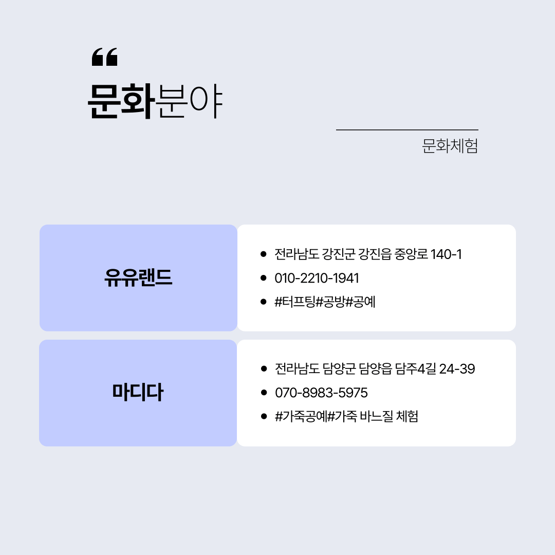 문화분야 문화체험 유유랜드 전라남도 강진군 강진읍 중앙로 140-1 010-2210-1941 #터프팅#공방#공예 마디다 전라남도 담양군 담양읍 담주4길 24-39 070-8983-5975 #가죽공예 #가죽바느질 체험