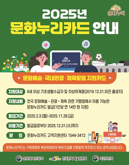 2025년 문화누리카드 안내
	                             	문화예술, 국내관광, 체육활동 지원카드
	                             	지원대상 : 6세 이상 기초생활수급자 및 차상위계층(2019.12.31. 이전 출생자)
	                             	지원내용 : 전국 문화예술, 국내관광, 체육활동 관련 가맹점에서 이용 가능한 문화누리카드 발급
	                             	발급기간 : 2025년 2월 3일(월) ~ 2025년 11월 28일(금)
	                             	이용기간 : 발급일로부터 2025년 12월 31일(수)까지
	                             	문의 : 문화누리카드 고객지원센터 1544-3412