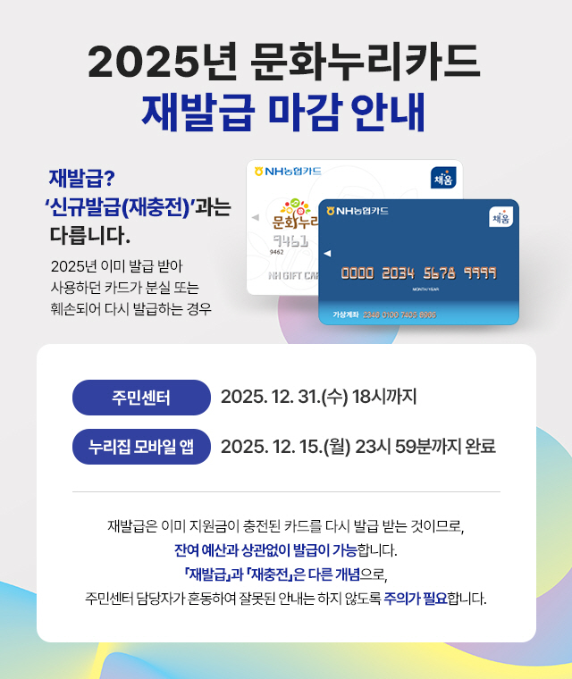 2025년 문화누리카드 재발급 마감안내
	                             	재발급? '신규발급(재충전)'과는 다릅니다.
	                             	2025년 이미 발급 받아 사용하던 카드가 분실 또는 훼손되어 다시 발급하는 경우
	                             	주민센터 : 2025. 12. 31.(수) 18시까지
	                             	누리집 모바일앱 : 2025. 12. 15.(월) 23시 59분까지 완료
	                             	재발급은 이미 지원금이 충전된 카드를 다시 발급 받는 것이므로,
	                             	잔여예산과 상관없이 발급이 가능합니다.
	                             	[재발급]과[재충전]은 다른개념으로,
	                             	주민센터 담당자가 혼동하여8 잘못된 안내는 하지 않도록 주의가 필요합니다.