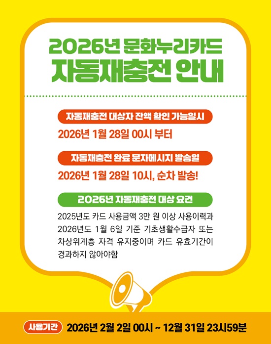 2026년 문화누리카드 자동재충전 안내
	                             	자동재충전 대상자 잔액 확인 가능일시
	                             	2026년  1월  28일 00시 부터
	                             	자동재충전 완료 문자메시지 발송일
	                             	2026년  1월 28일 10시, 순차발송!
	                             	2026년 자동재충전 대상 요건
	                             	2025년 카드 사용금액 3만 원 이상 사용이력과 2026년도 1월 6일 기준 기초생활수급자 또는 차상위계층 자격 유지중이며 카드 유효기간이 경과하지 않아야함
	                             	사용기간
	                             	2026년 2월 2일 00시 ~12월 31일 23시 59분
	                             	