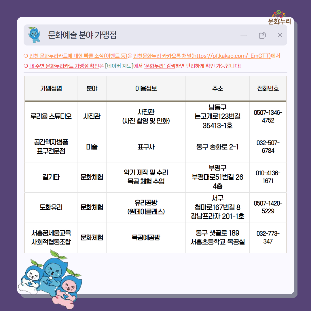 [인천] 문화누리카드 가맹점 안내('24년 10월~'25년 1월)_문화예술 분야