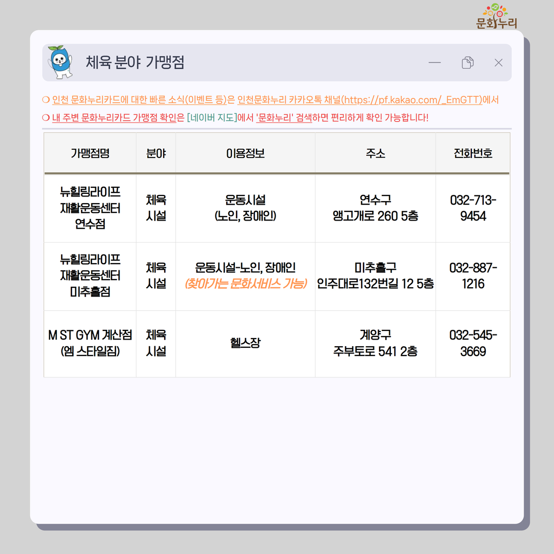 [인천] 문화누리카드 가맹점 안내('24년 10월~'25년 1월)_체육 분야