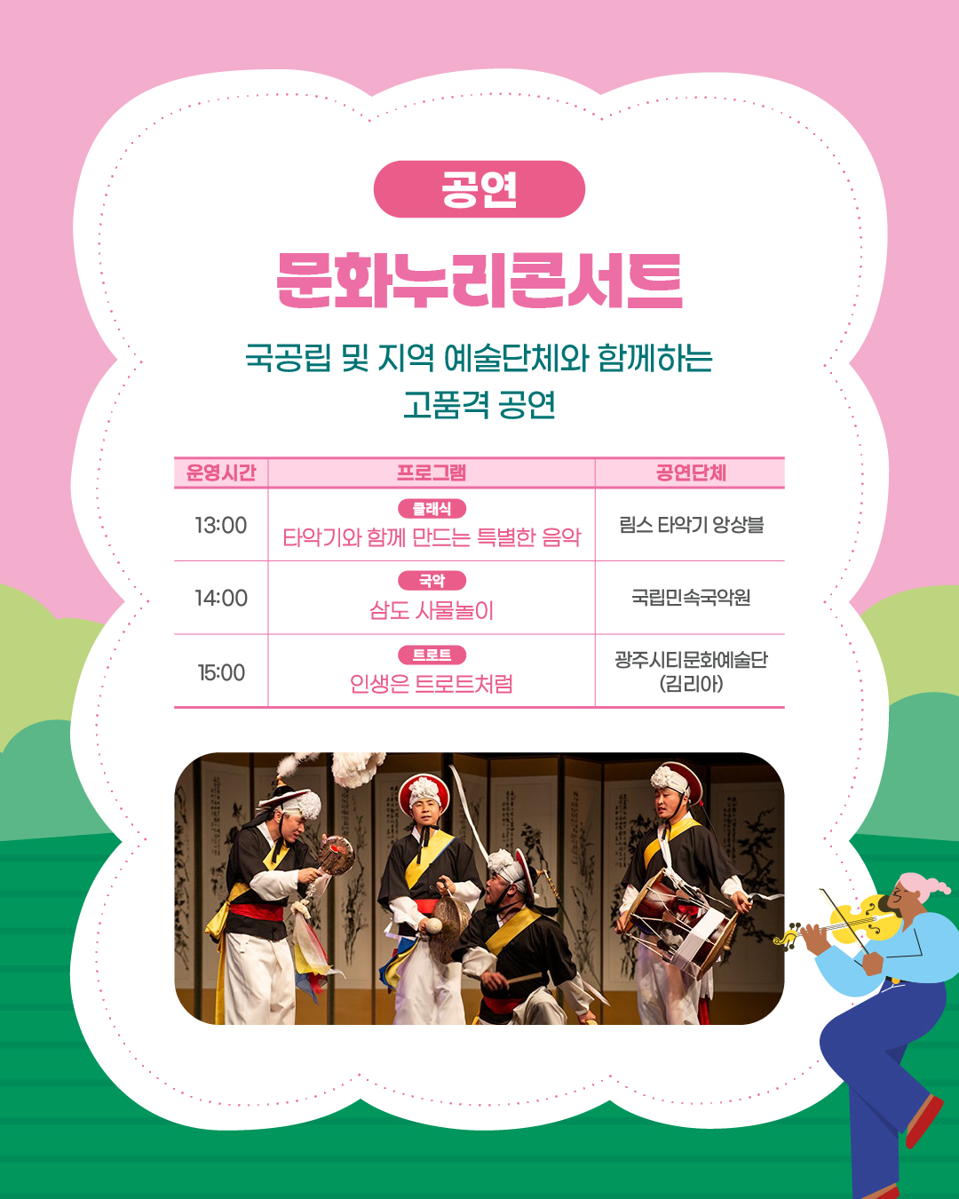 공연) 문화누리콘서트 국공립 및 지역 예술단체와 함께하는 고품격공연을 진행합니다.