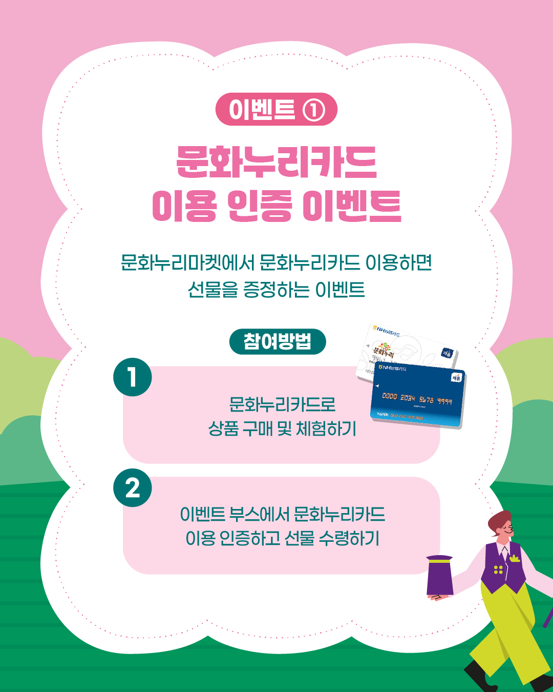 문화누리카드 이용 인증 이벤트로 문화누리마켓에서 문화누리카드 이용하면 선물을 증정하는 이벤트입니다. 참여방법은 문화누리카드로 상품구매 및 체험하기 이벤트 부스에서 문화누리카드 이용 인증하고 선물 수령하기가 있습니다. 